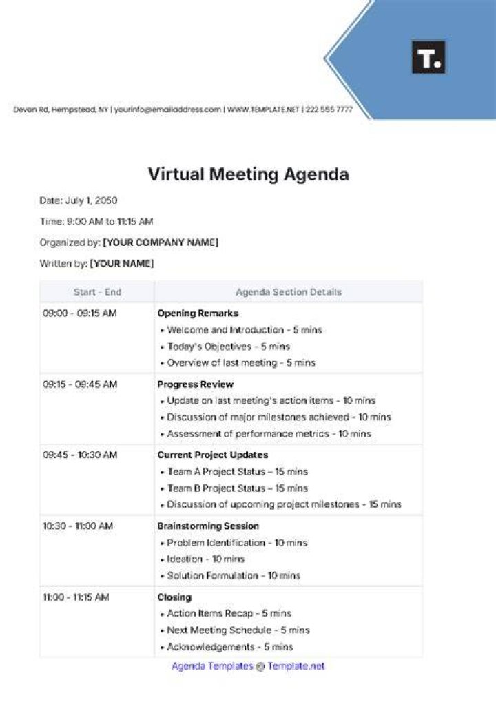 How do you write an agenda for a virtual meeting?